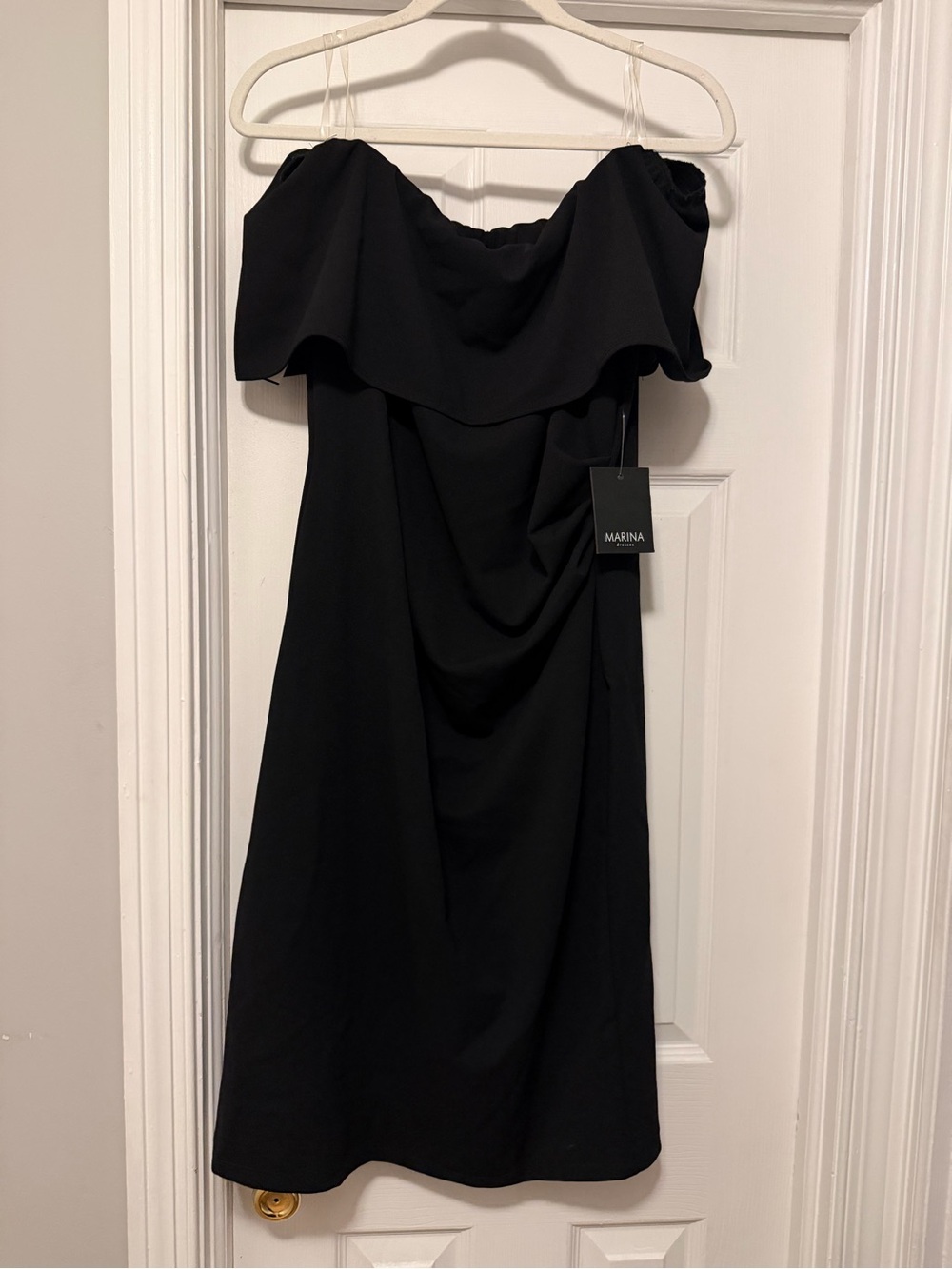 MARINA Black Strapless Ruffle Midi Dress